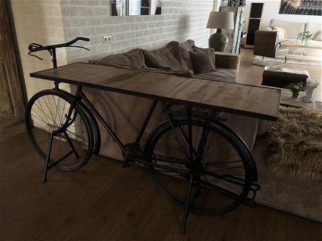 Prachtige fiets metaal met houten tafelblad-tafel-deco - 4