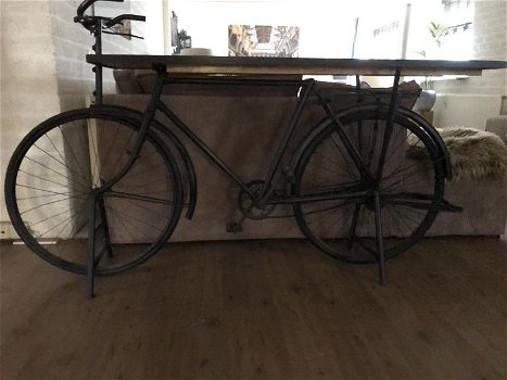 Prachtige fiets metaal met houten tafelblad-tafel-deco - 6