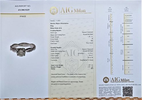 14 karaat witgouden ring met solitair diamant 1.10 kar+zijdiamantjes tot1.26 kar - 0