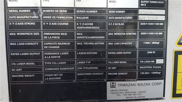 MAZAK CO2 SUPER TURBO-X510 MARKII 2.5KW lasersnijmachine - 1
