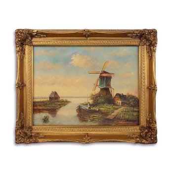 Olieverf schilderij in lijst, molen aan het water-stilleven - 0