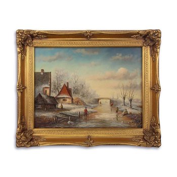 schilderij in lijst, oud winters landschap.-olieverf-stilleven - 0
