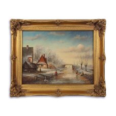  schilderij in lijst, oud winters landschap.-olieverf-stilleven