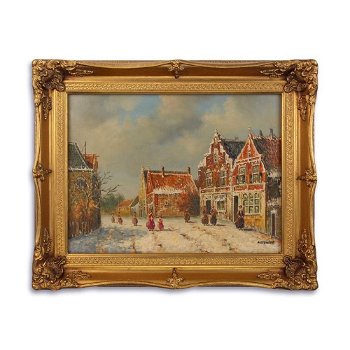 Olieverf schilderij in lijst,kunst-oud winters stadsgezicht - 0