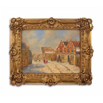 Olieverf schilderij in lijst,winters stadsgezicht-kunst - 0