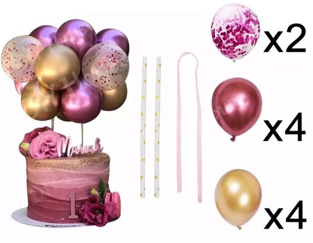Cake Topper Mini Chroom + Confetti Ballonnen | Roze | Goud - 0