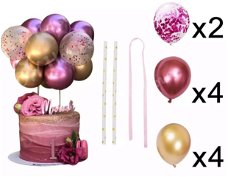 Cake Topper Mini Chroom + Confetti Ballonnen | Roze | Goud