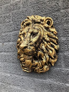Prachtige leeuwenkop , zwart-goud wandornament, poly - 1