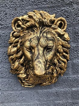 Prachtige leeuwenkop , zwart-goud wandornament, poly - 3