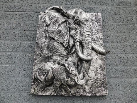 Wandbord met 2 olifanten in 3D , Zilver,Zwart , olifant - 0