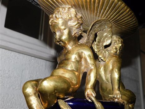 Bronzen beeld schaal met Engelen en een glazen schaal - 6