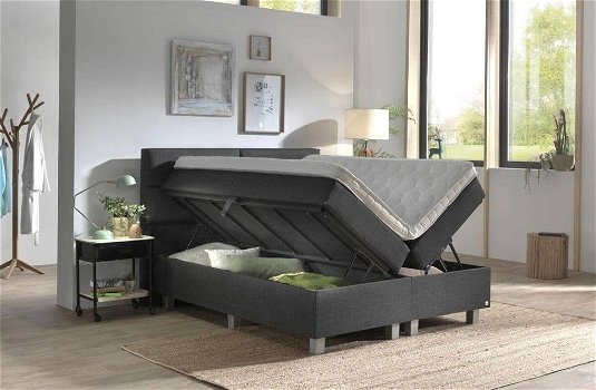 BOXSPRING antraciet, met achterwand, opbergruimte en topper, NIEUW - 5