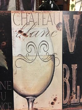 Metalen bord , geschilderd: wijnfles+glas+druif en tekst. - 5