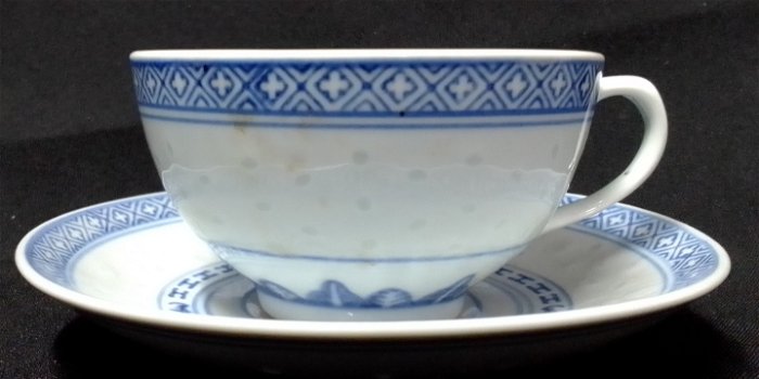17-dl chinees porcelein theeserv,blauw,rijstkorreldecor,gaaf - 1