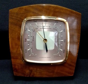 Vintage Barometer,koper rand,hoogglans lak,hout bicolor,zgst - 0