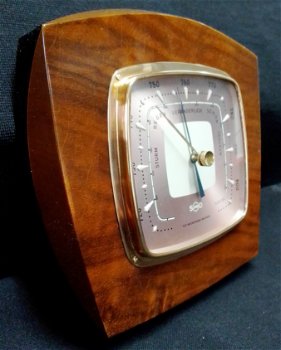 Vintage Barometer,koper rand,hoogglans lak,hout bicolor,zgst - 1