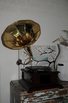 Nostalgische grammofoon, platenspeler, hout en metaal