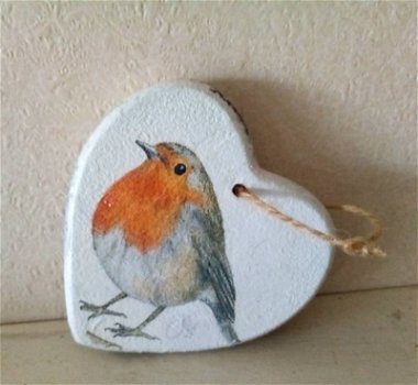 Houten vogel roodborst deurhanger decoratiehanger decoupage - 2