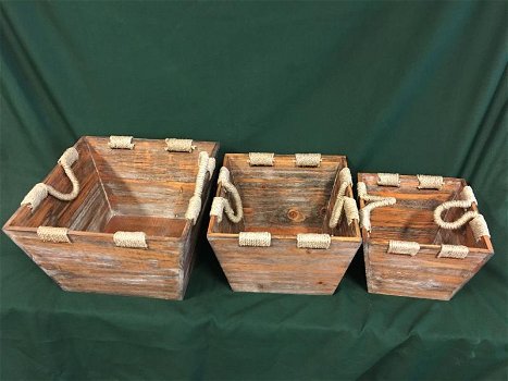 Set van 3 aziatische houten bakken met sisaltouw - kado - 0