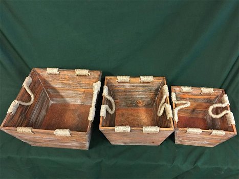 Set van 3 aziatische houten bakken met sisaltouw - kado - 1