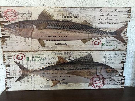 Set van 2 Houten wandborden,makreel & tonijn ,vis, tuin - 0