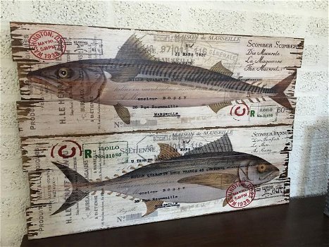 Set van 2 Houten wandborden,makreel & tonijn ,vis, tuin - 1