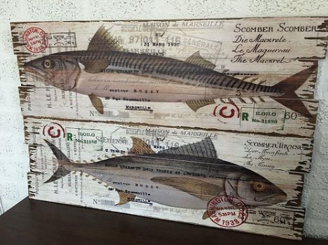 Set van 2 Houten wandborden,makreel & tonijn ,vis, tuin - 5