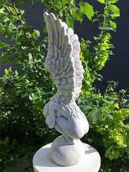 Knielende Engel met vleugels omhoog,stenen beeld-engel - 5