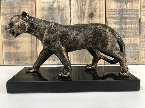 1 Sculpture Leopard, massief ijzer, brons look , marmeren - 0