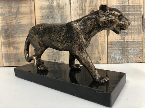 1 Sculpture Leopard, massief ijzer, brons look , marmeren - 3