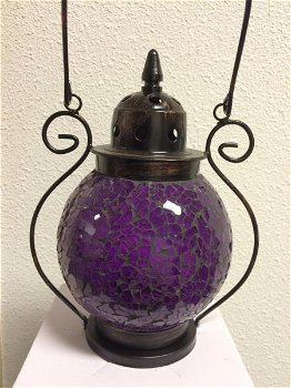 Sfeerlantaarn klein met gekleurd paars glas ,decoratie - 4