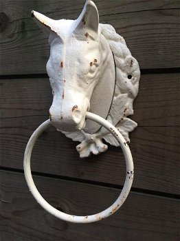 Paardenhoofd met ring gietijzer wit-paard , paardenhoofd - 0