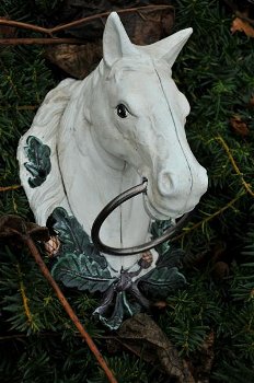 Paardenhoofd met ring, gietijzer , wit , paard , deco , tuin - 4