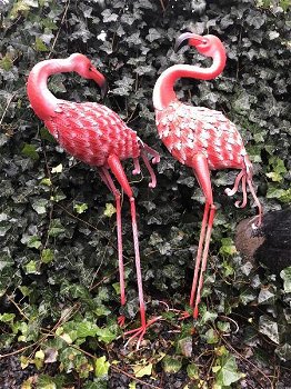 Prachtige set grote forse metalen flamingo , vogel , vijver - 0