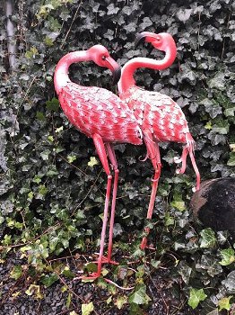 Prachtige set grote forse metalen flamingo , vogel , vijver - 2