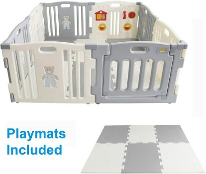 kunststof grondbox/playpen met speelmat - Grijs/wit - playpen - 0