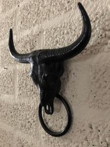 Gietijzeren bull skull met handdoek ring, zwart, fraai - 2