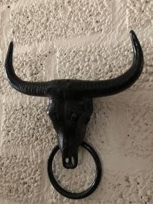 Gietijzeren bull skull met handdoek ring, zwart, fraai - 6