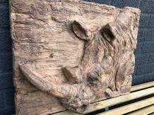 Wandornament woodlook- ,3 D afbeelding een neushoorn