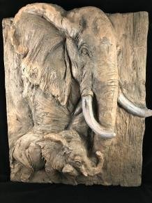 Wandornament woodlook met 3 D afbeelding van 2 olifanten - 1