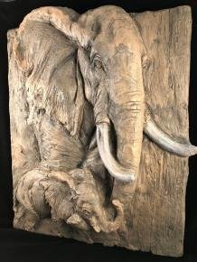 Wandornament woodlook met 3 D afbeelding van 2 olifanten - 3