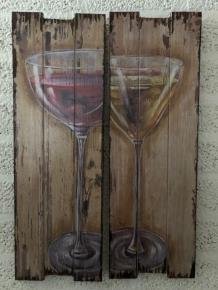 Set van 2 houten wandborden met 1 glas witte wijn en 1 - 1