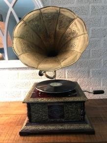 Nostalgische grammofoon, platenspeler-messing en hout - 1