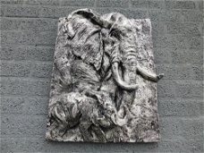 Wandbord met 2 olifanten in 3D ,  Zilver,Zwart , olifant
