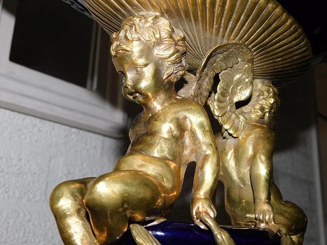 Bronzen beeld schaal met Engelen en een glazen schaal - 6