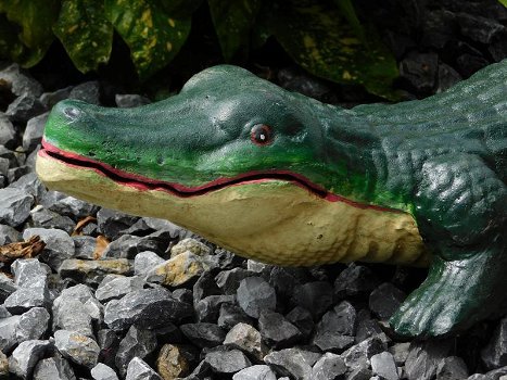 Gietijzeren beeld van een krokodil, in kleur, tuinbeeld - 1