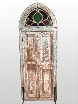 Oude hardhouten deur koloniaal met glas in lood, deur - 1
