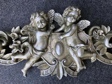 Engelen wandornament, polystone,zilver kleur. - 1