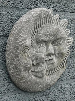 Reliëf wandplaat steen zon en de maan gietsteen, grijs - 2