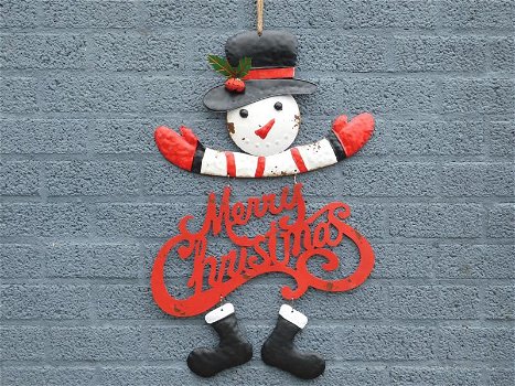 Merry Christmas , decoratieve old look hanger , sneeuwpop - 0